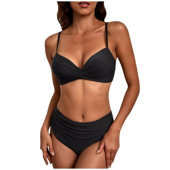 Busydd Swim Suits for Women 2 Piece Solid Color Bikini Set Deep V Neck Pleated Bathing Suits Trendy High Waisted Swimsuit with Briefs