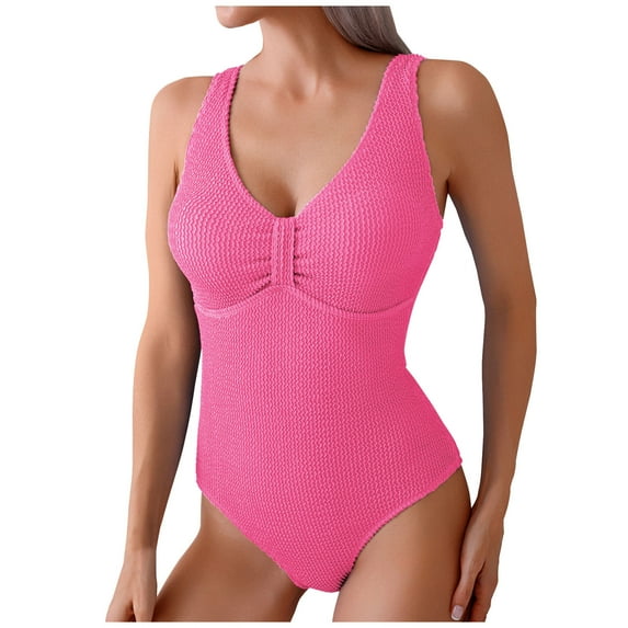 Busydd Swim Suits for Women Tummy Control One-Piece Swimsuits Solid Color Pleated Monokini Swimsuits for Women Deep V Neck Ribbed Bathing Suits