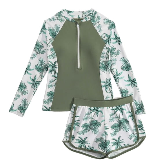 Busydd Swimming Suit for Girls 7-14 Years Fashion Floral Print Sun Protection Wetsuit Long Sleeve Zipper Tops and Shorts Girls Two Piece Swimsuits with Built in Bra 7 Years