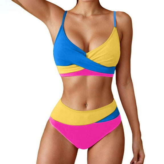 Busydd Swimsuit for Women 2 Piece High Waisted Bikini Set Trendy V Neck Pleated Bathing Suit Colorblock Swim Suits with Briefs