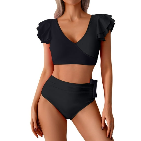 Busydd Swimsuit for Women Trendy 2 Piece Bikini Set Color Block High Waisted Bathing Suit Deep V Neck Ruffle Swim Suits with Briefs