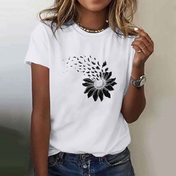 Busydd T Shirts for Women Fashion Comfortable Print Cotton Summer Tops Casual Short Sleeve Round Neck Going Out Tops Versatile Graphic Tees L