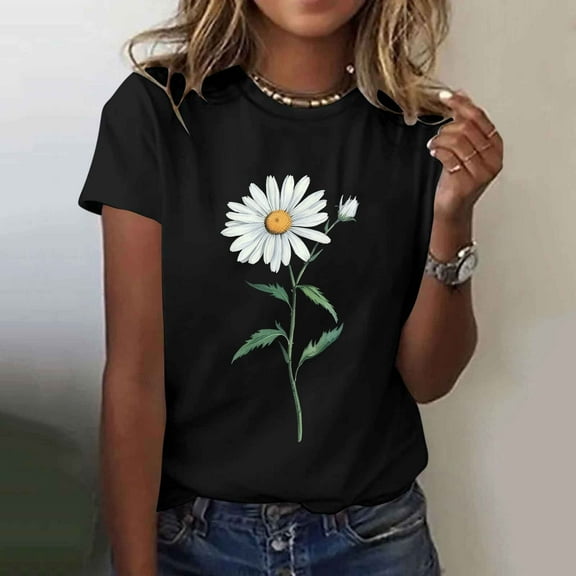Busydd T Shirts for Women Fashion Sunflower Print Summer Tops Casual Short Sleeve Round Neck Going Out Tops for Women Comfy Versatile Cotton Graphic Tees L
