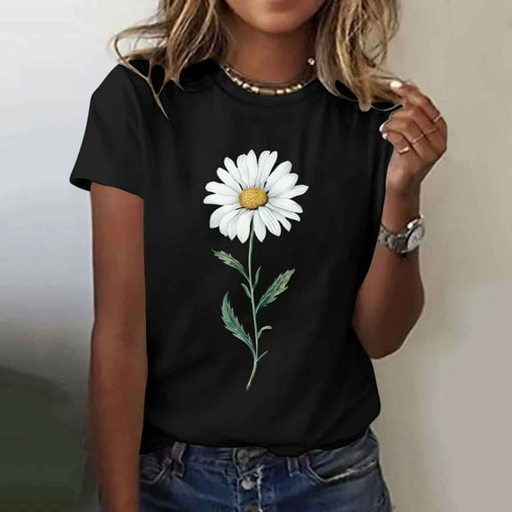 Busydd T Shirts for Women Fashion Sunflower Print Summer Tops Casual Short Sleeve Round Neck Going Out Tops for Women Comfy Versatile Cotton Graphic Tees L