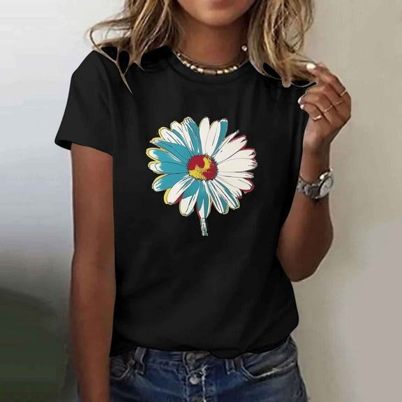 Busydd T Shirts for Women Fashion Sunflower Print Summer Tops Casual Short Sleeve Round Neck Going Out Tops for Women Comfy Versatile Cotton Graphic Tees XL