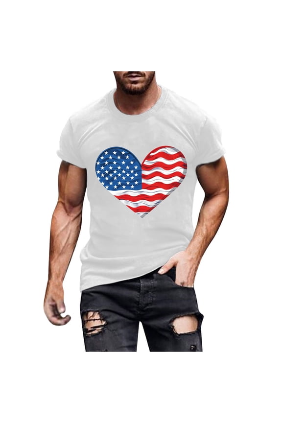 T Shirts for Man Round Neck Short Sleeve Independence Day Tops 4th of July American Flag Print Patriotic Tees Casual Comfy Cotton Summer Tops