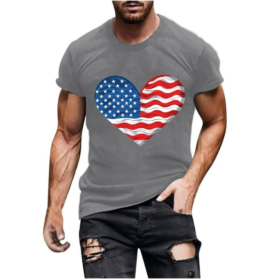 Busydd T Shirts for Man Round Neck Short Sleeve Independence Day Tops 4th of July American Flag Print Patriotic Tees Casual Comfy Cotton Summer Tops