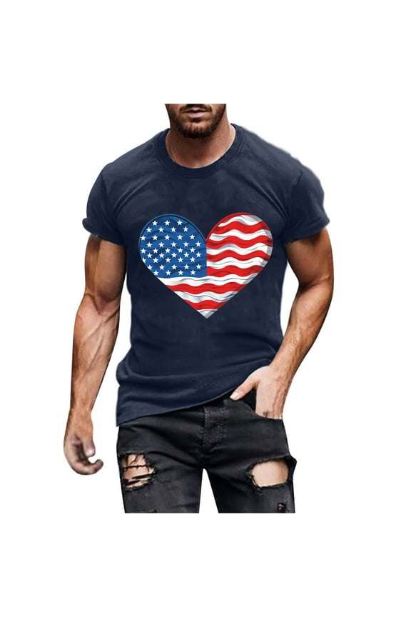 T Shirts for Man Round Neck Short Sleeve Independence Day Tops 4th of July American Flag Print Patriotic Tees Casual Comfy Cotton Summer Tops