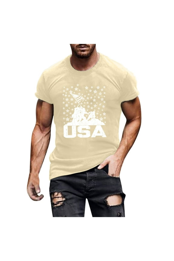 T Shirts for Man Round Neck Short Sleeve Independence Day Tops Casual Comfy Cotton Summer Tops 4th of July USA Patriotic Tee Shirts