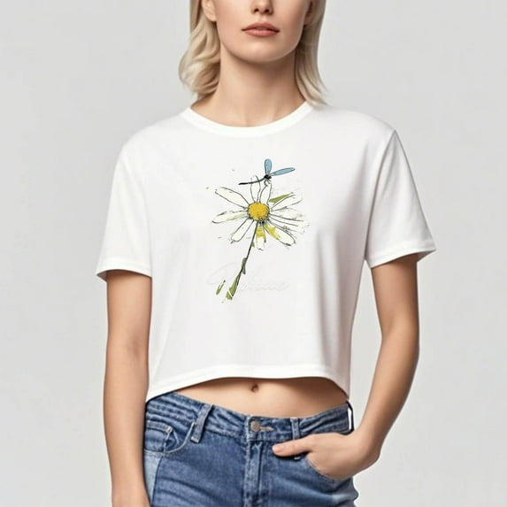 Busydd T Shirts for Women Casual Short Sleeve Summer Tops for Women Trendy Round Neck Crop Tops for Women Comfy Cotton Graphic Tees M