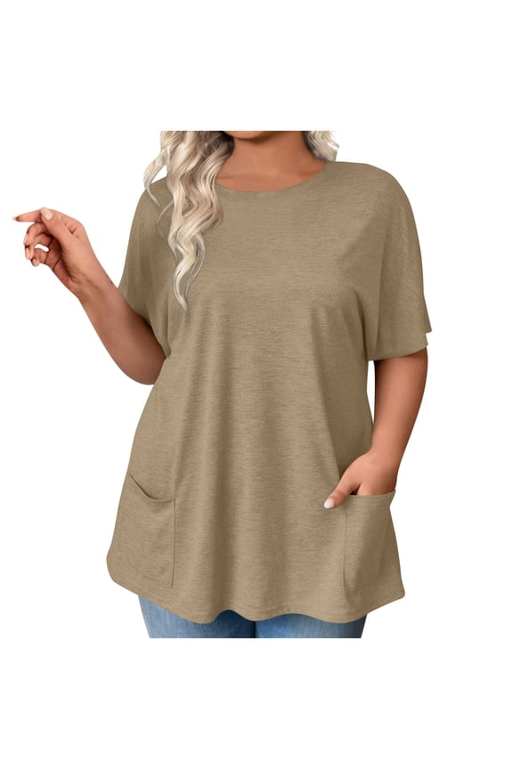 T Shirts for Women Loose Oversized Round Neck Going Out Tops for Women Comfy Casual Solid Color Womens T Shirts Plus Size Tops with Pockets L