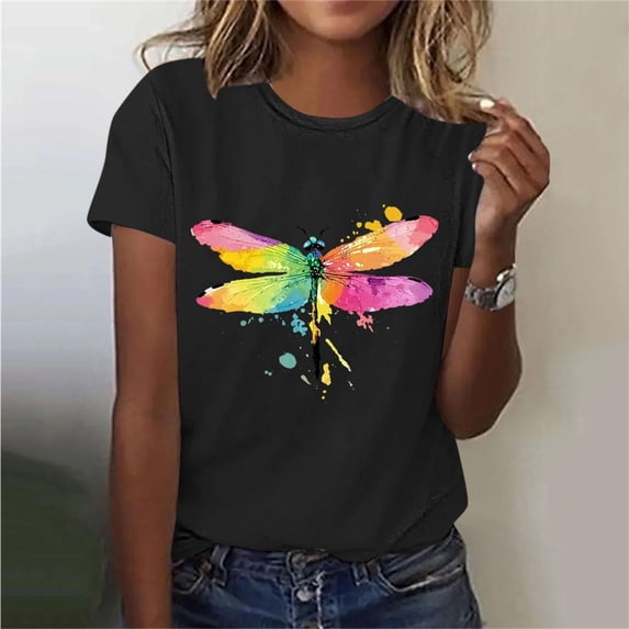 Busydd T Shirts for Women Trendy Crew Neck Print Graphic Tees Casual Summer Short Sleeve Going Out Tops L