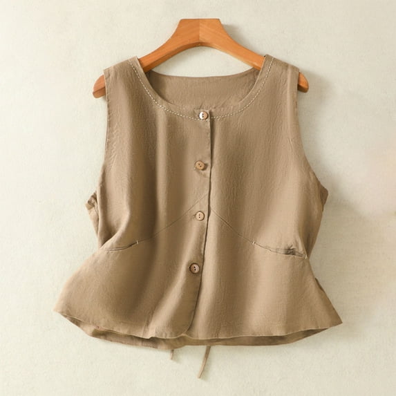 Busydd Tank Top for Women Casual Sleeveless Round Neck Womens Tops Trendy Pleated Solid Color Summer Tops for Women Cotton Linen Style Camisole Tops for Women