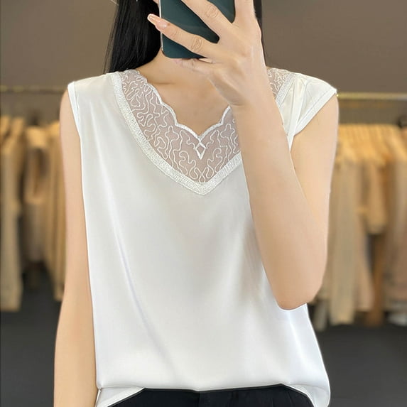 Busydd Tank Top for Women Casual Sleeveless V Neck Summer Tops for Women Trendy Solid Color Lace Womens Tops Comfy Soft Ice Silk Camisole Tops for Women