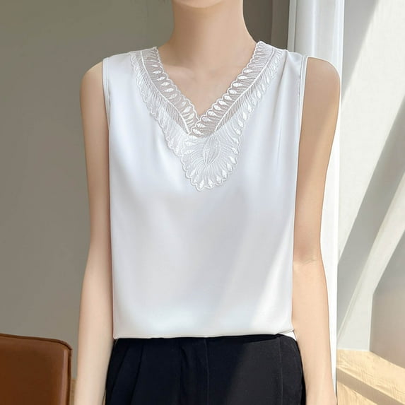 Busydd Tank Top for Women Casual Solid Color Sleeveless Summer Tops for Women Trendy Lace V Neck Womens Tops Soft Comfortable Ice Silk Camisole Tops for Women