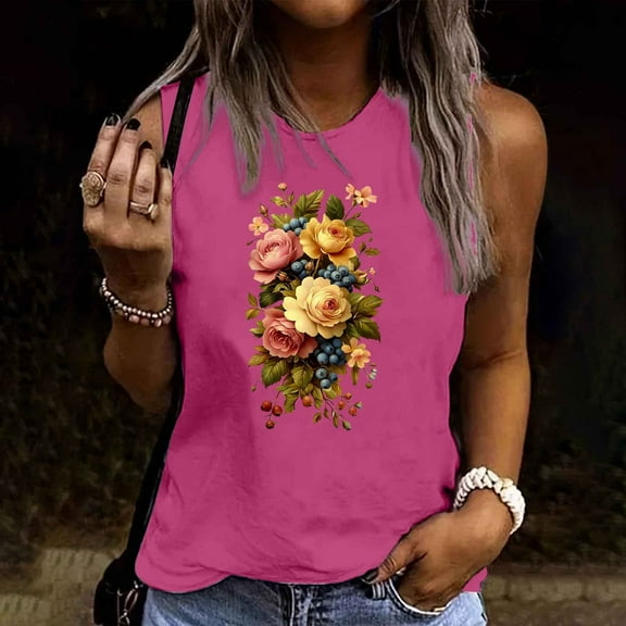 Busydd Tank Top for Women Fashion Floral Print Summer Tops Casual Hawaiian Round Neck Sleeveless Tops for Women Comfy Breathable Cotton Camisole Tops M