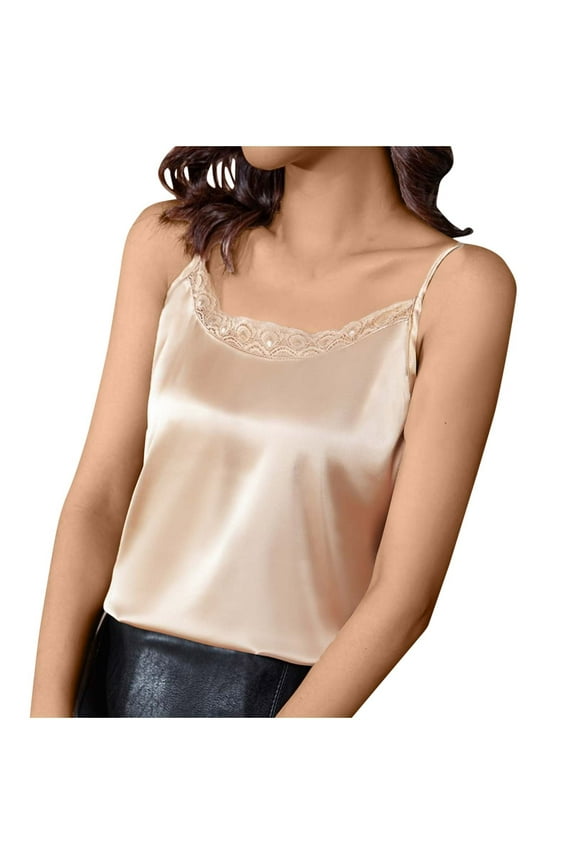 Tank Top for Women Plus Size M-4XL Trendy Comfort Lace Satin Camisole Tops Casual Solid Color Round Neck Sleeveless Blouses Summer Oversized Spaghetti Strap Tank Tops