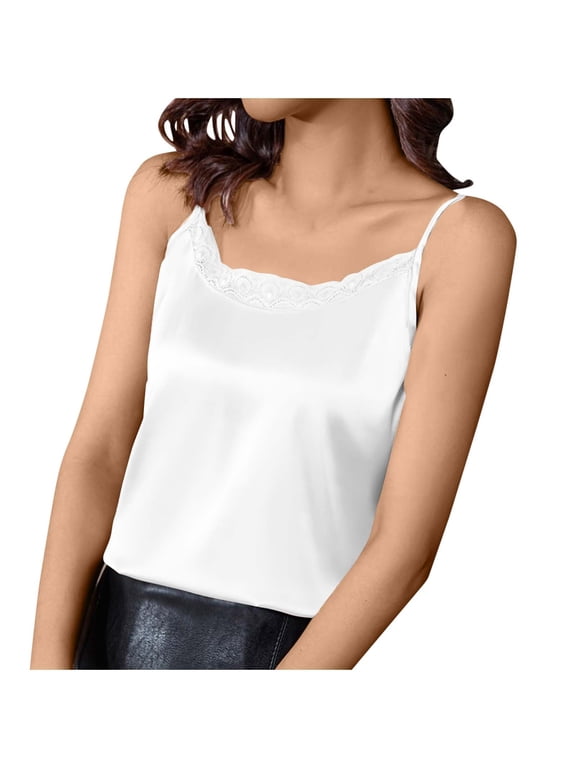 Tank Top for Women Plus Size M-4XL Trendy Comfort Lace Satin Camisole Tops Casual Solid Color Round Neck Sleeveless Blouses Summer Oversized Spaghetti Strap Tank Tops