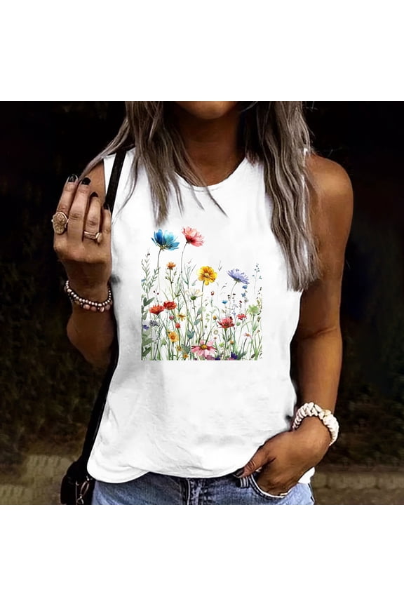 Tank Top for Women Trendy Floral Print Sleeveless Summer Tops Casual Loose Round Neck T Shirts for Women Comfortable Cotton Camisole Graphic Tees 2XL