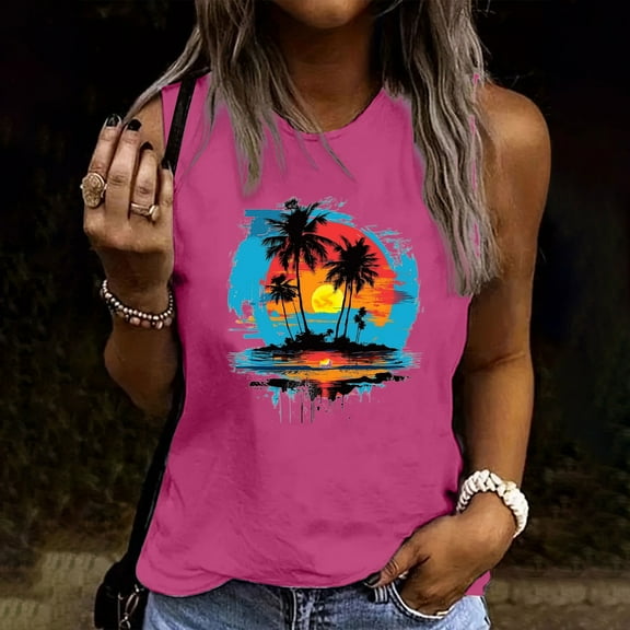 Busydd Tank Top for Women Trendy Floral Print Sleeveless Summer Tops Casual Loose Round Neck T Shirts for Women Comfortable Cotton Camisole Graphic Tees M