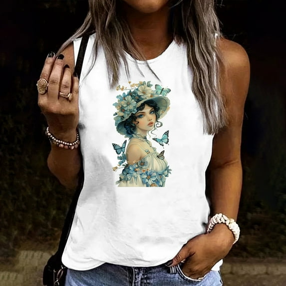 Busydd Tank Top for Women Trendy Floral Print Sleeveless Summer Tops Casual Loose Round Neck T Shirts for Women Comfortable Cotton Camisole Graphic Tees XL