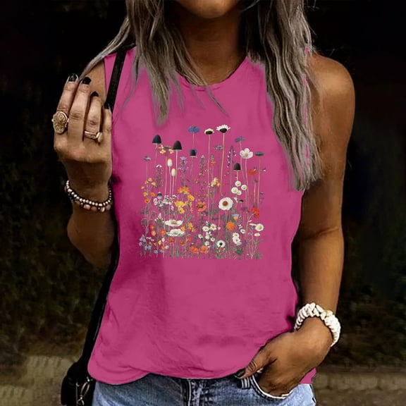 Busydd Tank Top for Women Trendy Floral Print Sleeveless Summer Tops Casual Loose Round Neck T Shirts for Women Comfortable Cotton Camisole Graphic Tees XL