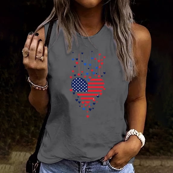 Busydd Tank Top for Women Fashion USA Print Independence Day Tee Shirt Casual Sleeveless Round Neck Summer Tops Patriotic Camisole Tops for Women