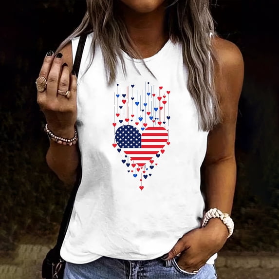 Busydd Tank Top for Women Fashion USA Print Independence Day Tee Shirt Casual Sleeveless Round Neck Summer Tops Patriotic Camisole Tops for Women