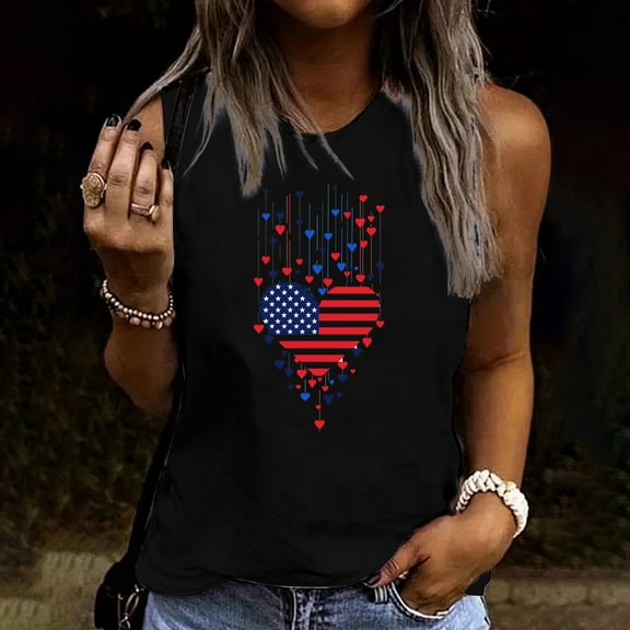 Busydd Tank Top for Women Fashion USA Print Independence Day Tee Shirt Casual Sleeveless Round Neck Summer Tops Patriotic Camisole Tops for Women