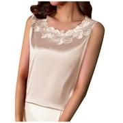 Busydd Tank Top for Women Plus Size M-4XL Trendy Casual Lace Camisole Tops Solid Color Round Neck Sleeveless Blouse Summer Soft Satin Tank Tops
