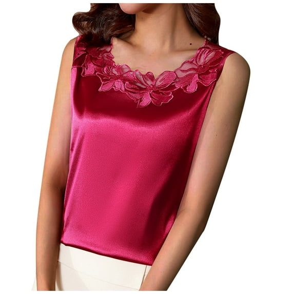 Busydd Tank Top for Women Plus Size M-4XL Trendy Casual Lace Camisole Tops Solid Color Round Neck Sleeveless Blouse Summer Soft Satin Tank Tops