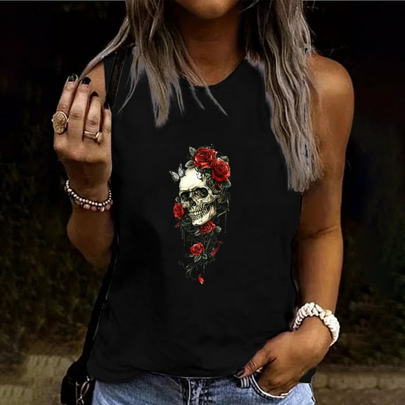 Busydd Tank Top for Women Sleeveless Round Neck Summer Tops Trendy Skull Print Graphic Tees Casual Comfy Loose Camisole Tops for Women S