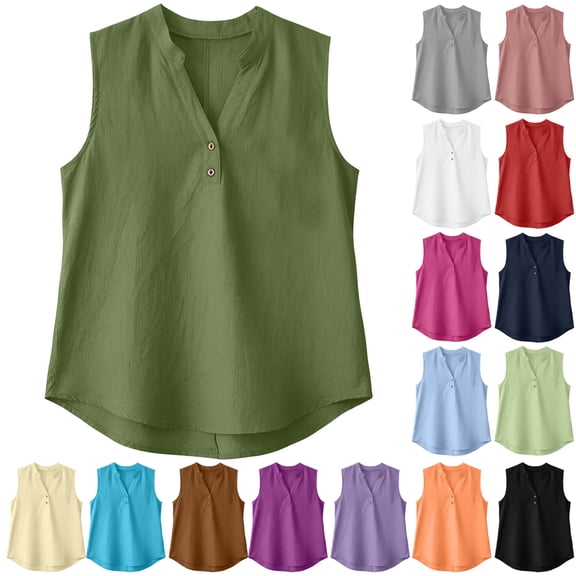 Busydd Tank Top for Women Solid Color Cotton Linen Going Out Tops for Women Casual Summer Sleeveless V Neck Button Womens Tank Tops 3XL