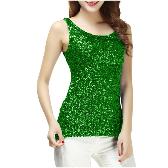 Busydd Tank Top for Women Trendy Sequin Camisole Tops Solid Color Sleeveless Blouses Round Neck Summer Tank Tops