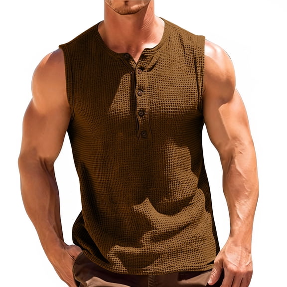Busydd Tank Tops Men Fashion Ribbed Solid Color Tank Tops Casual Comfortable Round Neck Button Men's Tank Tops 2XL