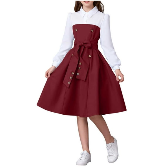 Busydd Teen Dresses 8-13 Years Trendy Lapel Colorblock Spring Dresses for Girls Casual Long Sleeve Button Waistband Girls' Dresses
