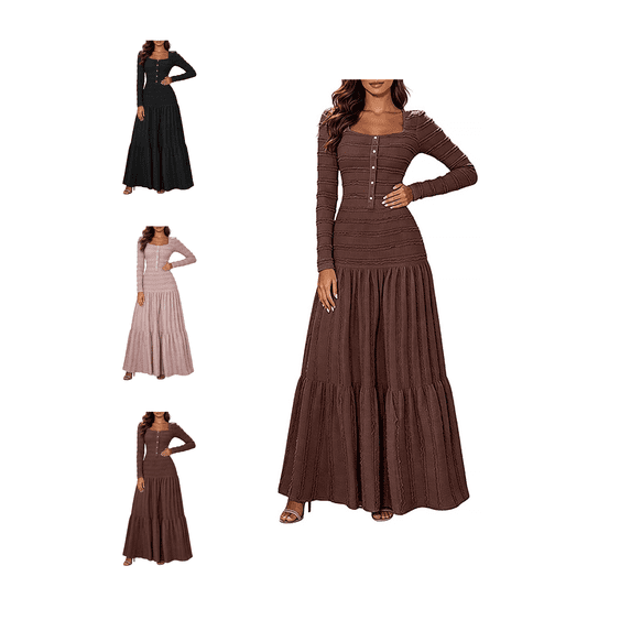 Busydd Textured Maxi Dresses for Women Fashion Button Front Square Neck Fall Dress Tiered Flowy Solid Color Long Sleeve Dress S