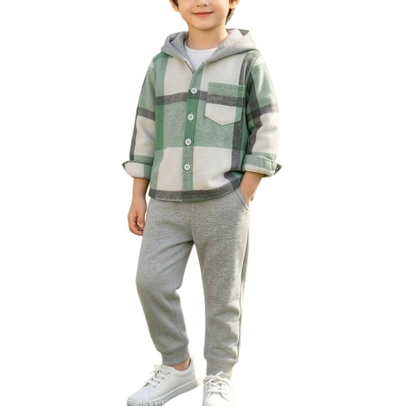 Busydd Toddler Boy Fall Outfits 3 Months-9 Years Trendy Hooded Plaid Long Sleeve Button Shirt and Sweatpants 2 Piece Sets Casual Comfortable Cotton Boys Clothes 6-12 Months