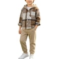 thumbnail image 1 of Busydd Toddler Boy Fall Outfits 3 Months-9 Years Trendy Hooded Plaid Long Sleeve Button Shirt and Sweatpants 2 Piece Sets Casual Comfortable Cotton Boys Clothes 8-9 Years, 1 of 6