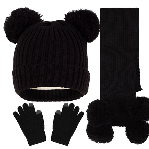 Busydd Toddlers Hat Scarf Glove Set Solid Color Warm Winter Long Scarf Gloves Hats Fashion Thermal Pompom Knit Kids Hats Gloves Scarves Soft Wool Winter Sets 5-12 Years