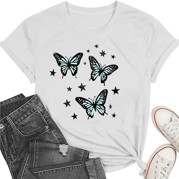 Busydd Tshirts Shirts for Women Fashion Round Neck Print Graphic Tees Casual Comfy Short Sleeve Summer Tops L