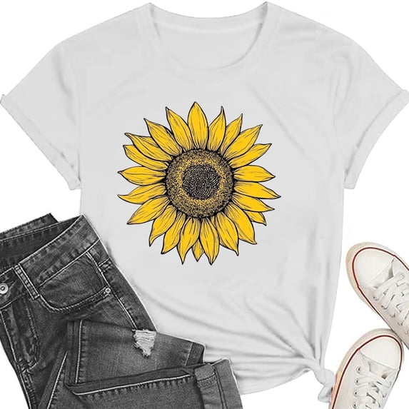 Busydd Tshirts Shirts for Women Fashion Round Neck Print Graphic Tees Casual Comfy Short Sleeve Summer Tops L