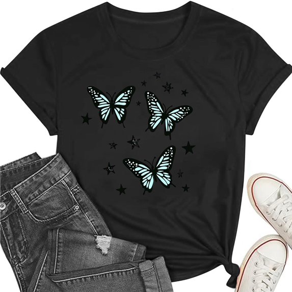 Busydd Tshirts Shirts for Women Fashion Round Neck Print Graphic Tees Casual Comfy Short Sleeve Summer Tops XL