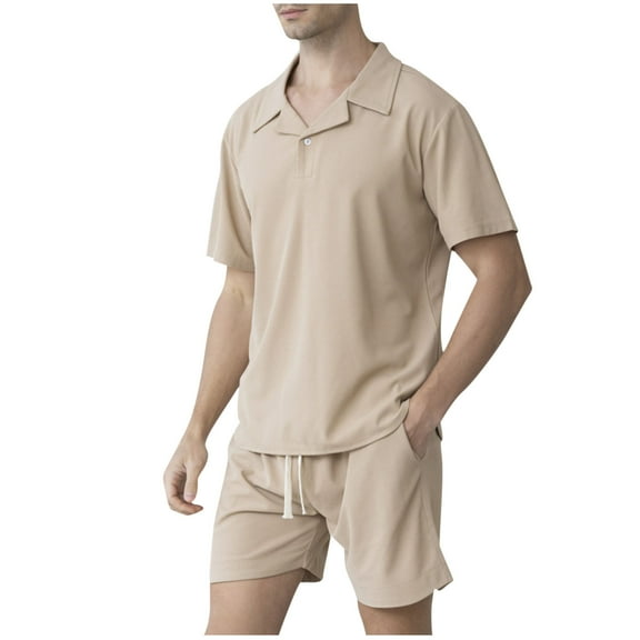 Busydd Two Piece Sets for Men Summer Solid Color Loungewear Set Short Sleeve Button Tops and Shorts Vacation Outfits Casual Comfortable Travel Outfits