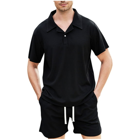 Busydd Two Piece Sets for Men Summer Solid Color Loungewear Set Short Sleeve Button Tops and Shorts Vacation Outfits Casual Comfortable Travel Outfits