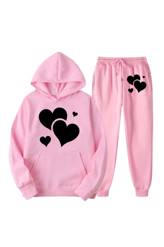 Two Piece Sets for Women Fall Casual Heart Print Sweatsuits Loose Oversized Hoodies and Drawstring Sweatpants with Pockets Fashion Travel Vacation Outfits for Women