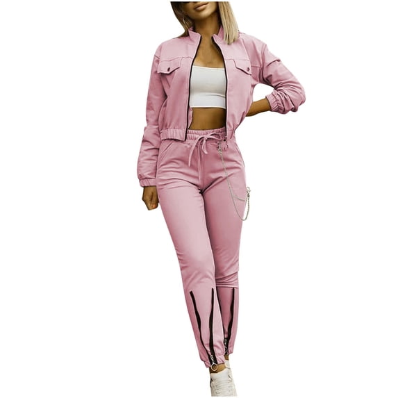 Busydd Two Piece Sets for Women Fall Solid Color Zipper Sweatsuits Cropped Tops and Jogger Sweat Pants Track Suits for Women Set Casual Vacation Travel Outfits for Women