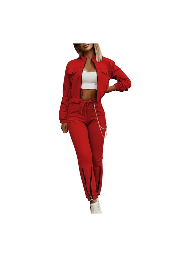 Two Piece Sets for Women Fall Solid Color Zipper Sweatsuits Cropped Tops and Jogger Sweat Pants Track Suits for Women Set Casual Vacation Travel Outfits for Women