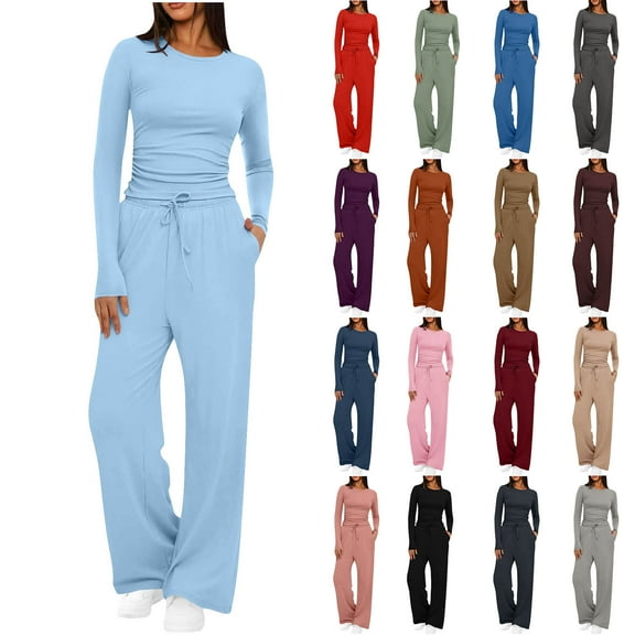 Busydd Two Piece Sets for Women Fashion Solid Color Matching Loungewear Sets Long Sleeve Round Neck Tops and Elastic Waist Pants Travel Outfits for Women XL