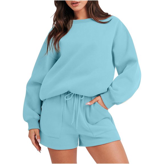 Busydd Two Piece Sets for Women Solid Color Casual Womens Sweatsuits Long Sleeve Round Neck Sweatshirts and Elastic Waist Drawstring Shorts Lounge Sets for Women 3XL